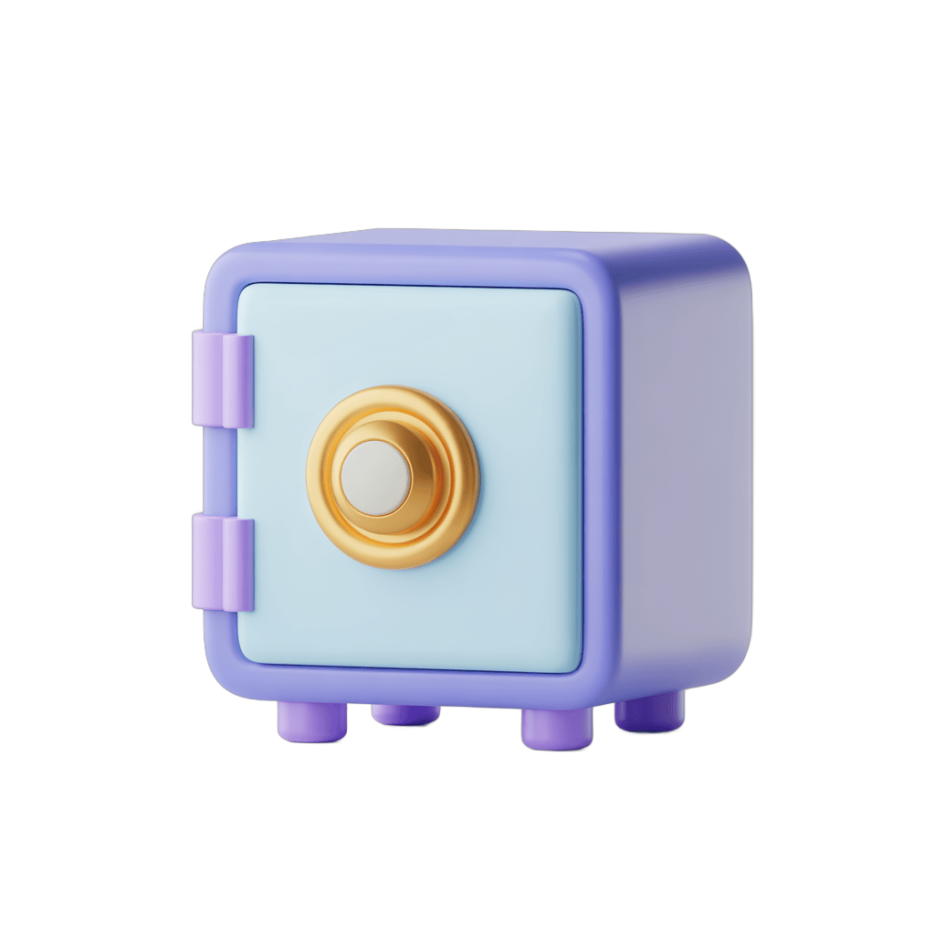 3d cartoon style safe deposit box with gold handle for business security graphics PNG - transparent background