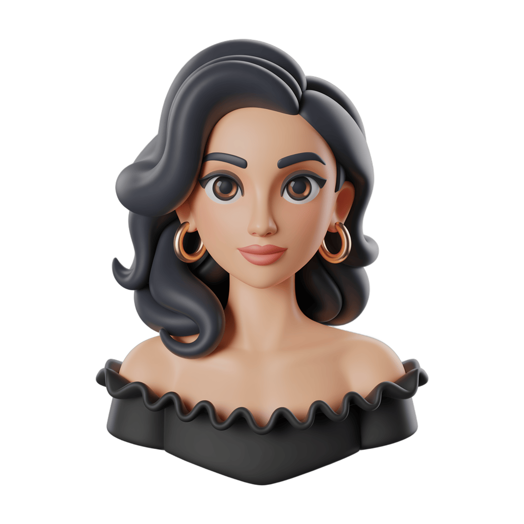 3d cartoon woman with long dark hair wearing gold earrings for app icons and illustrations PNG - transparent background