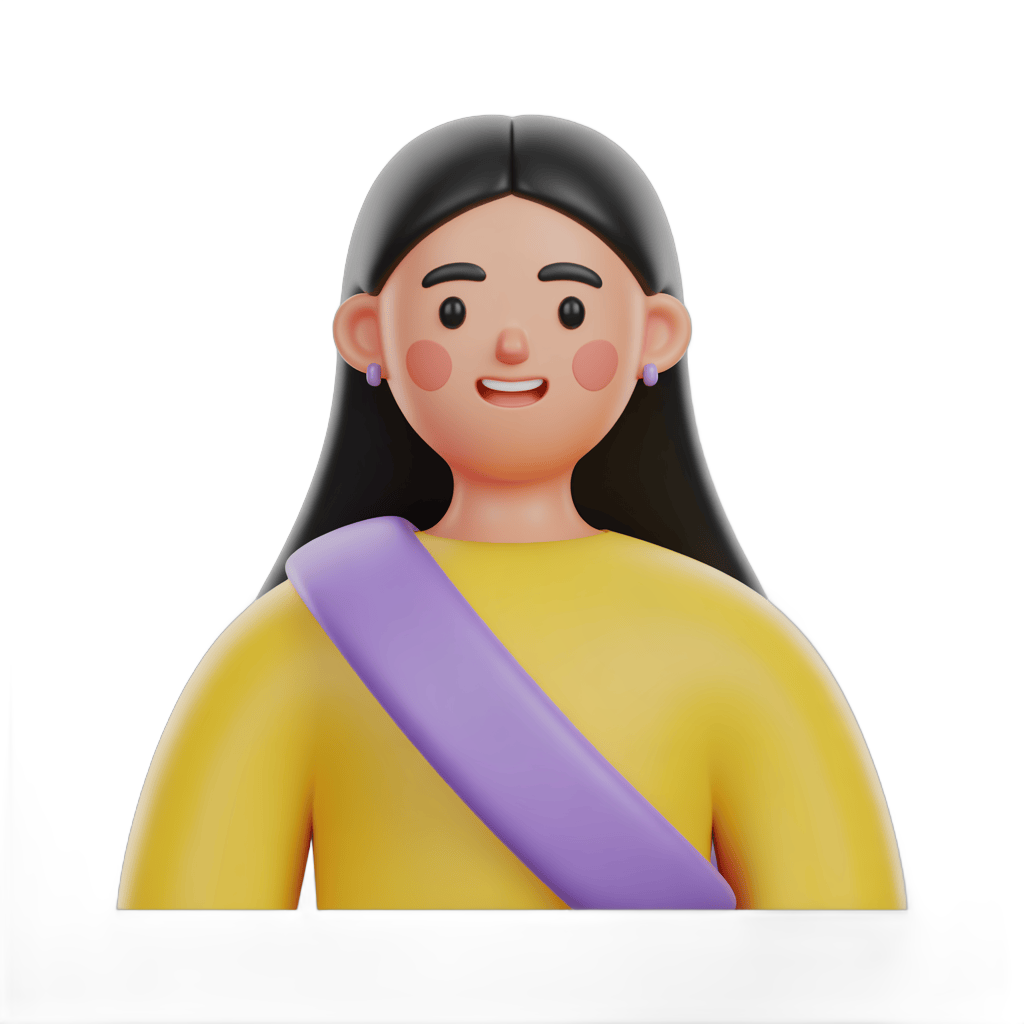 3d cartoon woman with long hair smiling wearing yellow top and purple strap for app icons and illustrations PNG - transparent background