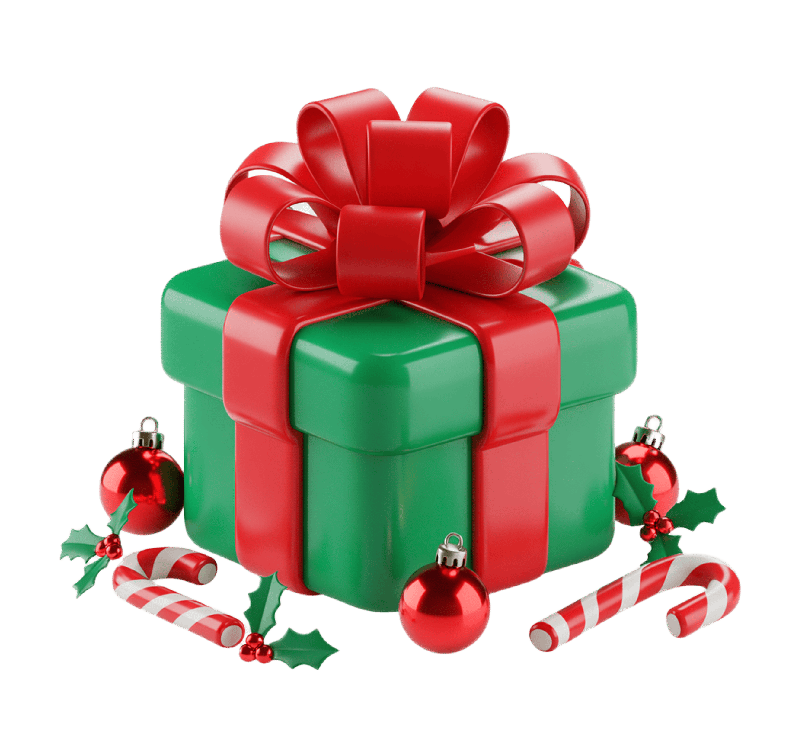 3d christmas gift box with candy cane and holly for holiday marketing graphics PNG - transparent background