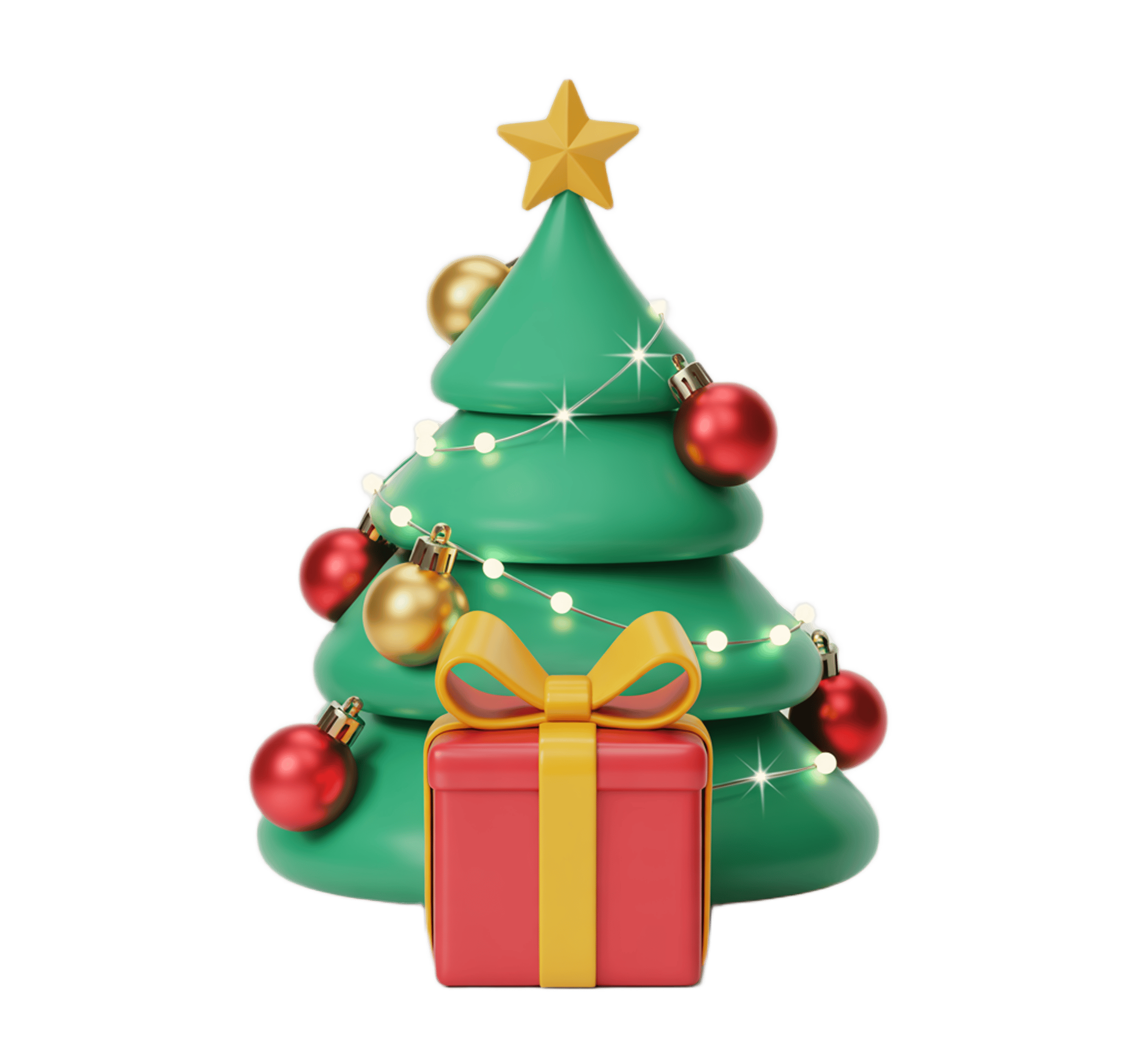 3d christmas tree with gift box and baubles for holiday marketing graphics PNG - transparent background
