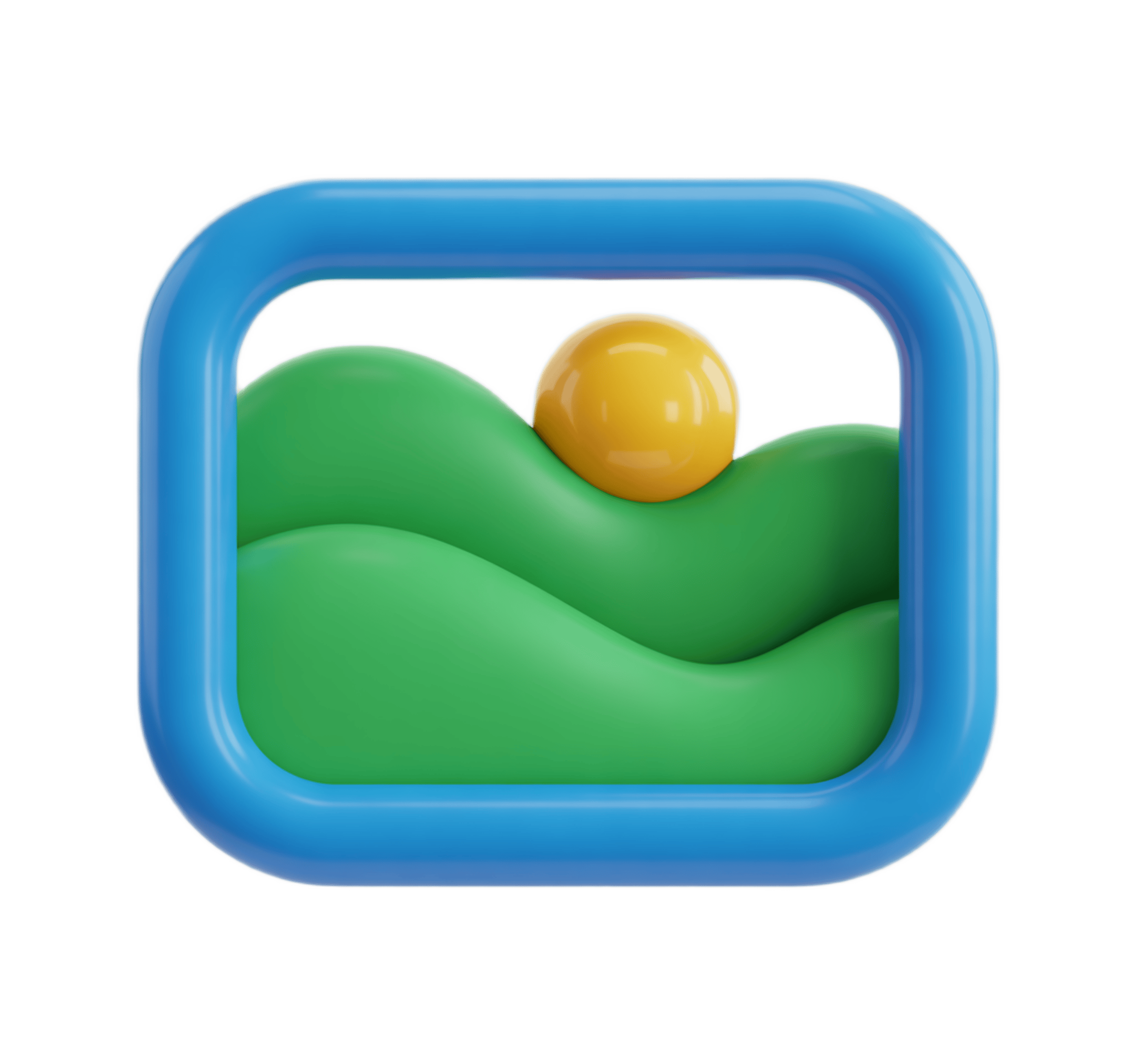 3d clipart frame showing yellow ball on green hill landscape for app icons and presentations PNG - transparent background