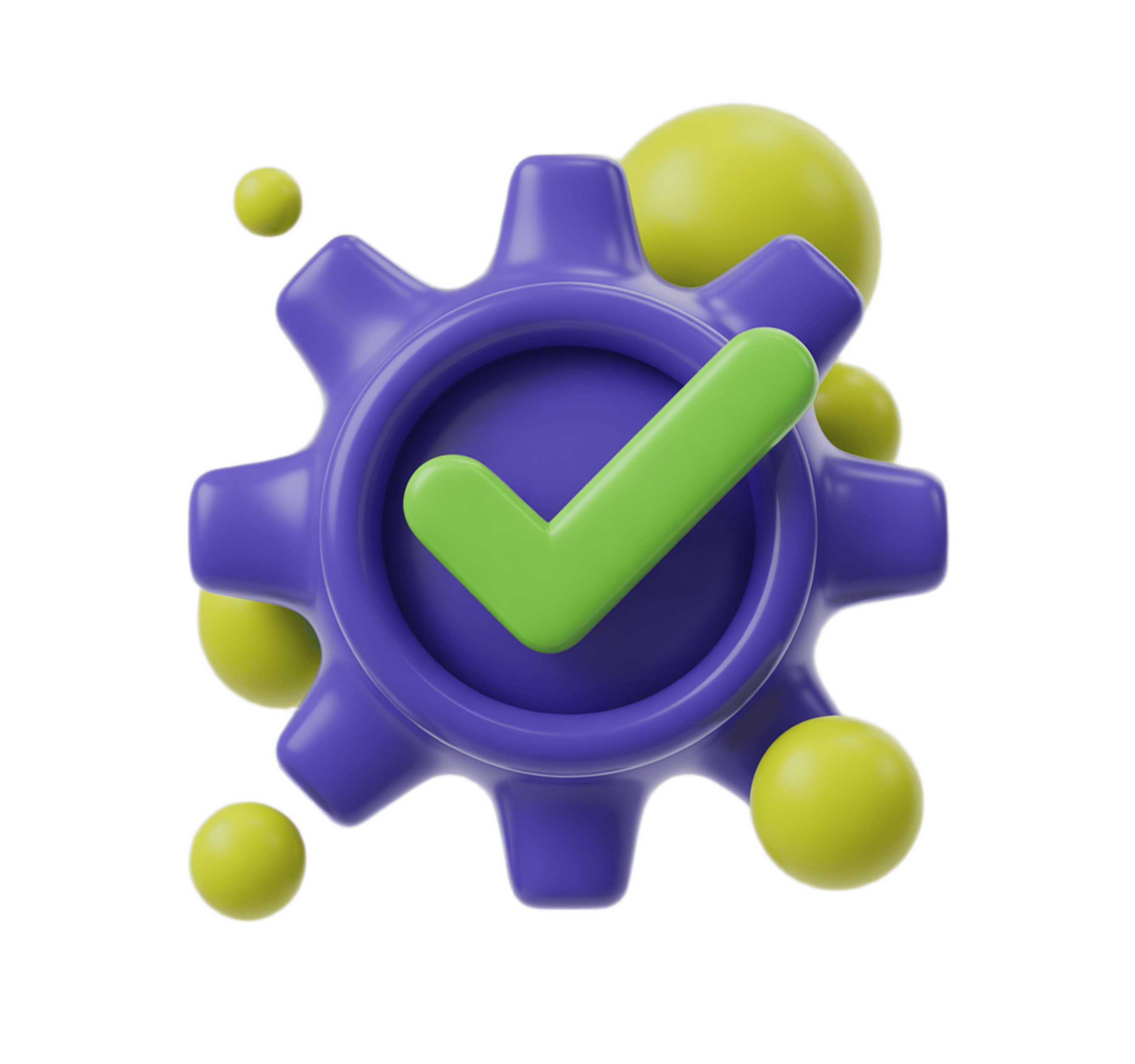 3d gear icon with green checkmark symbol for approval success confirmation clipart PNG - transparent background