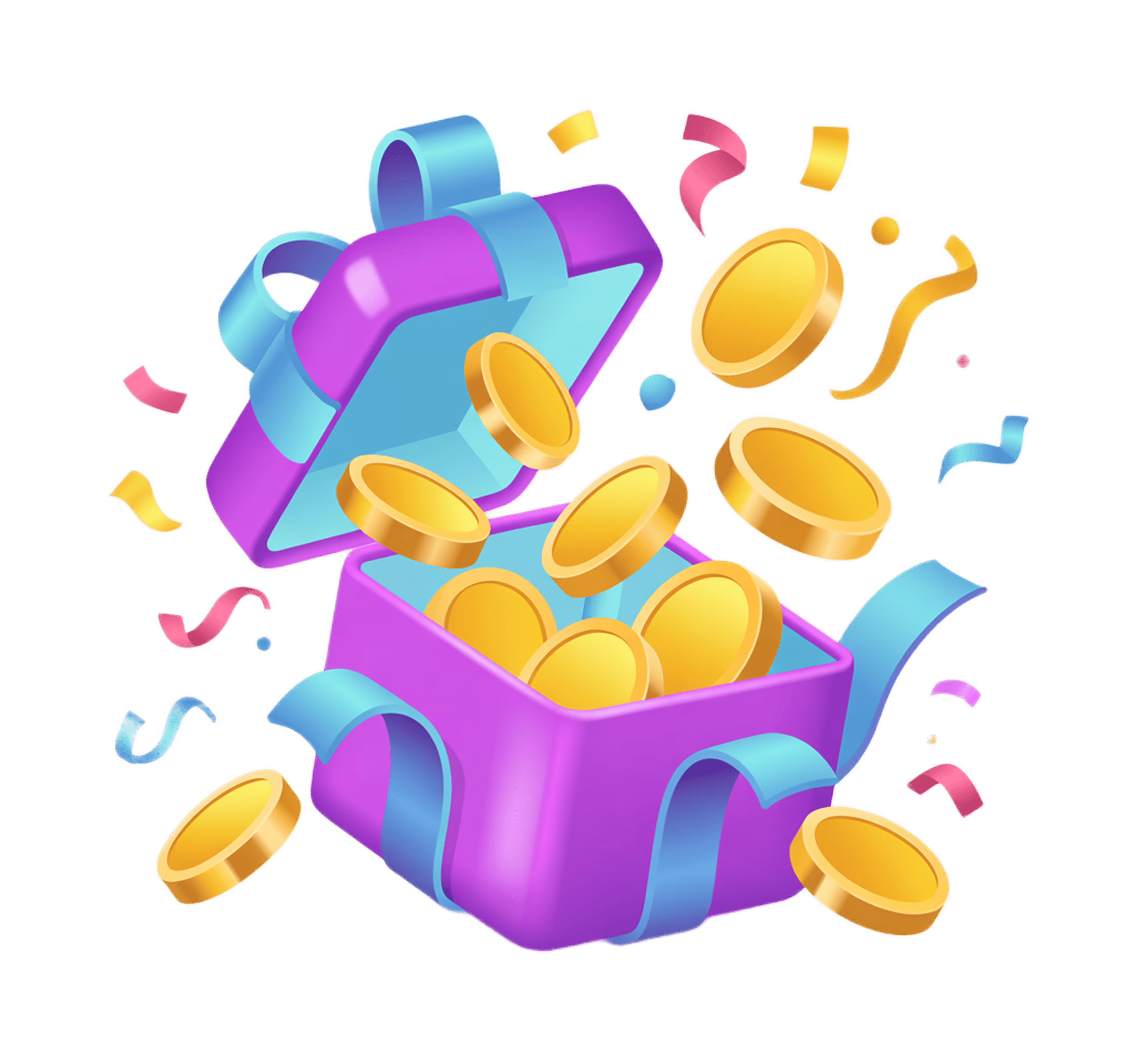 3d gift box overflowing with gold coins and celebration confetti for profit success marketing PNG - transparent background