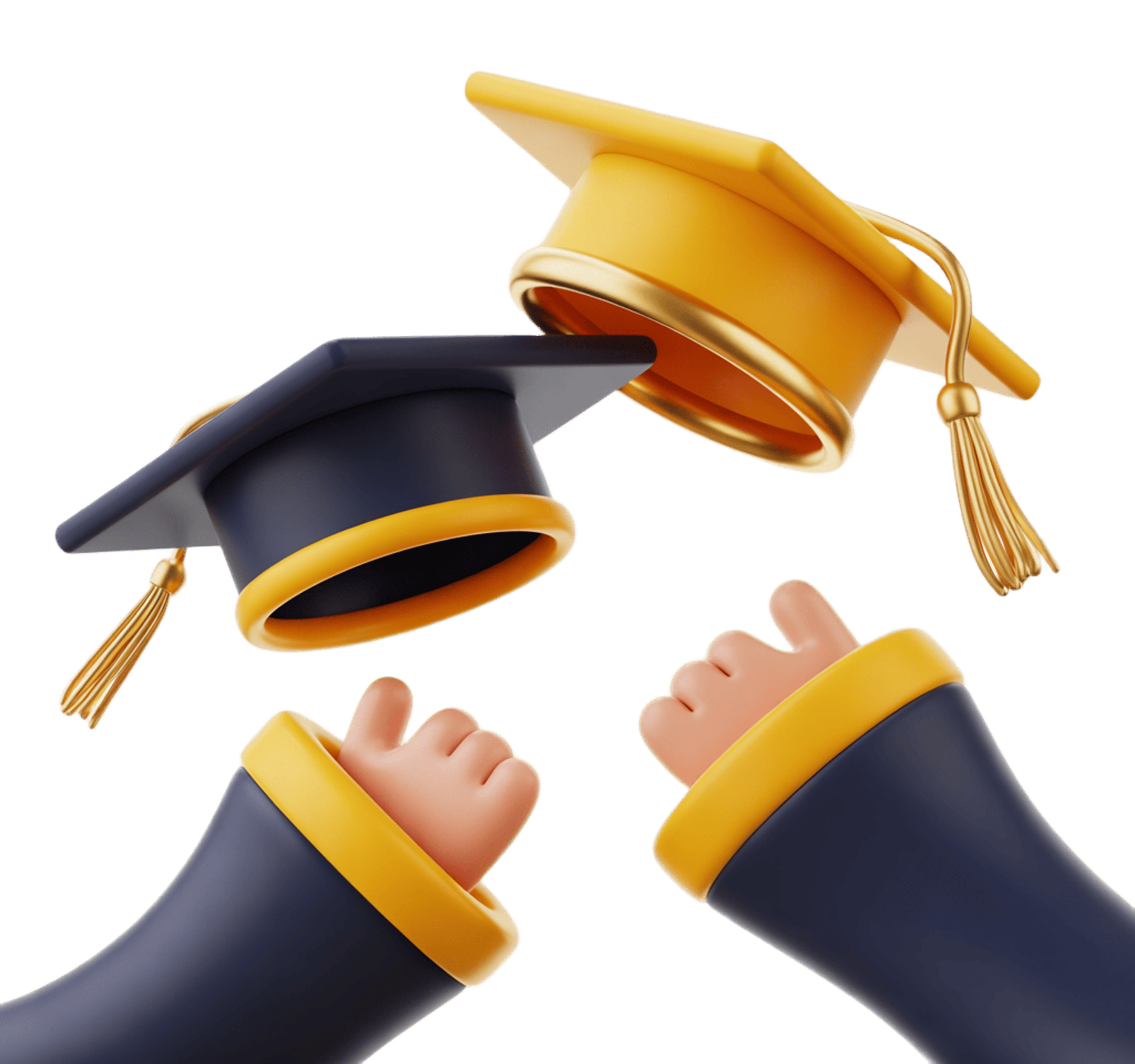 3d graduation celebration hands holding black and gold caps for diploma event design PNG - transparent background