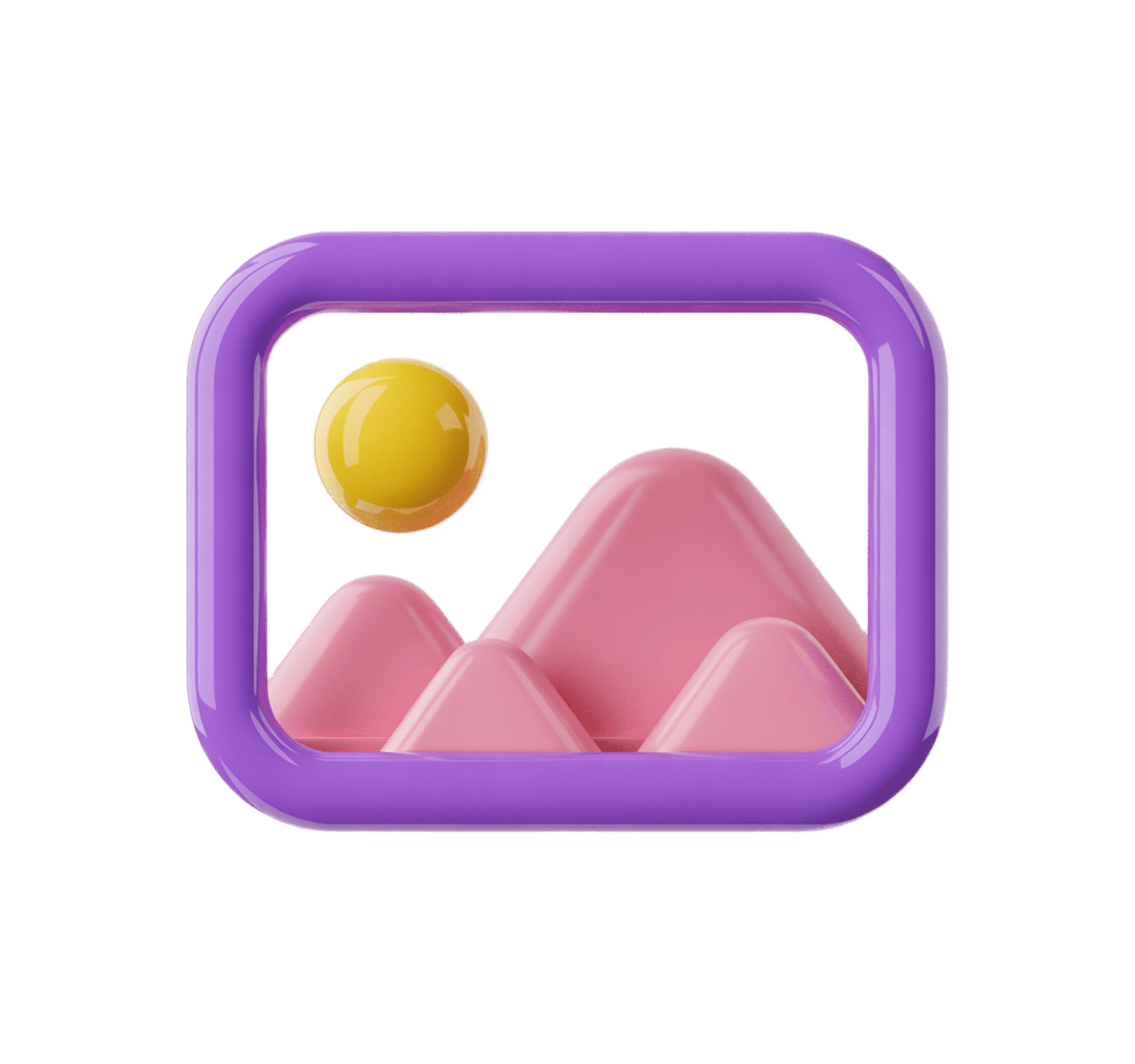 3d purple frame clipart with yellow ball and pink mountain landscape for digital design PNG - transparent background