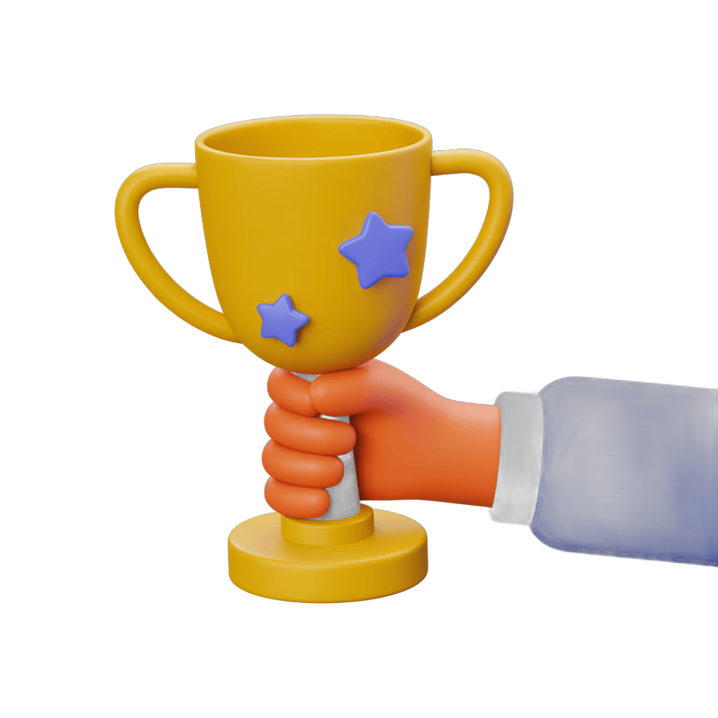 3d trophy cup with stars being held by hand for achievement awards and celebrations PNG - transparent background