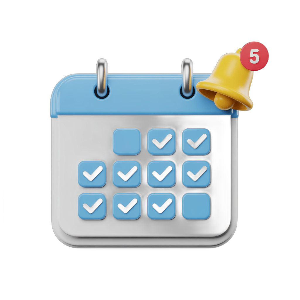 5 tasks completed digital calendar icon with notification bell for productivity and reminders PNG - transparent background