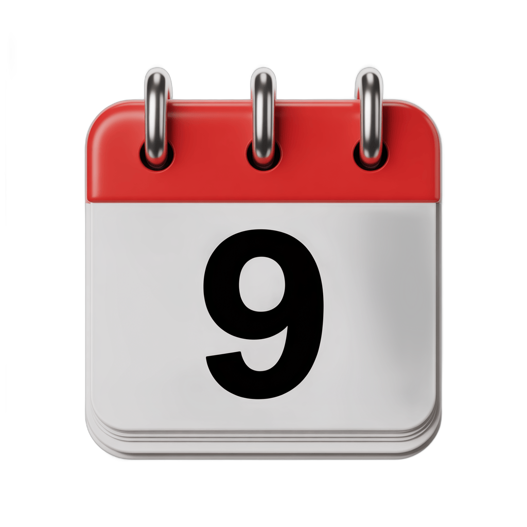 9th day calendar page isolated clipart for schedules and event planning designs PNG - transparent background