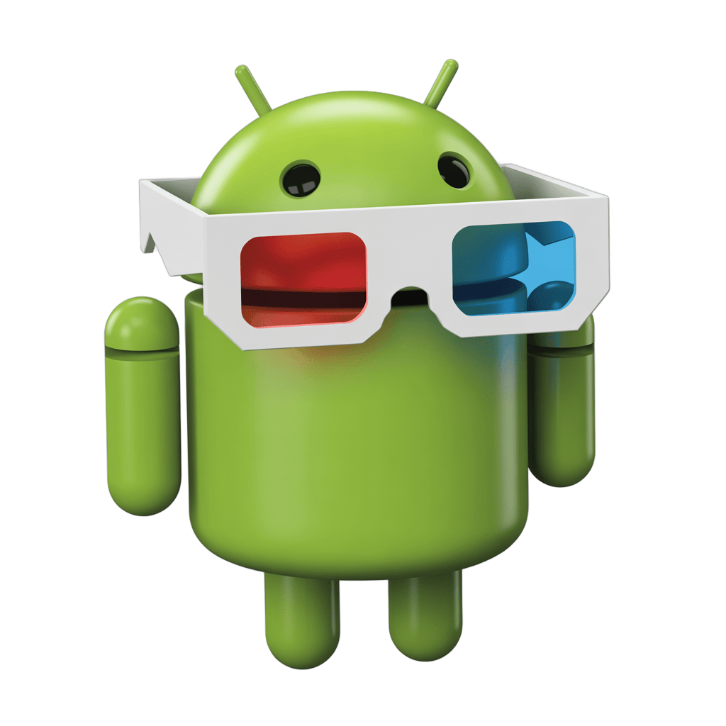 Android mascot wearing 3D red blue anaglyph glasses for 3D movie effect clipart PNG - transparent background