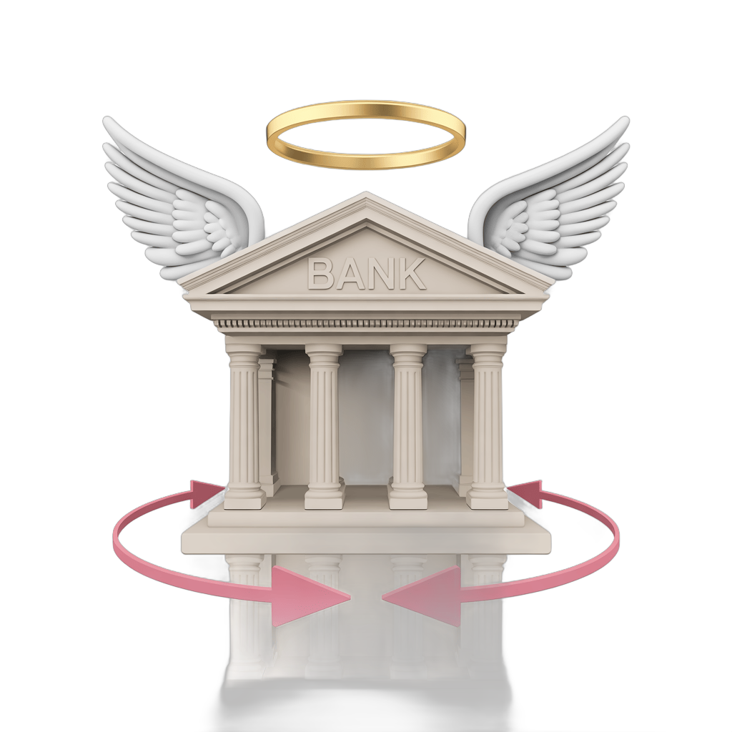 Angel wings bank building illustration for financial trust and divine protection concept PNG - transparent background