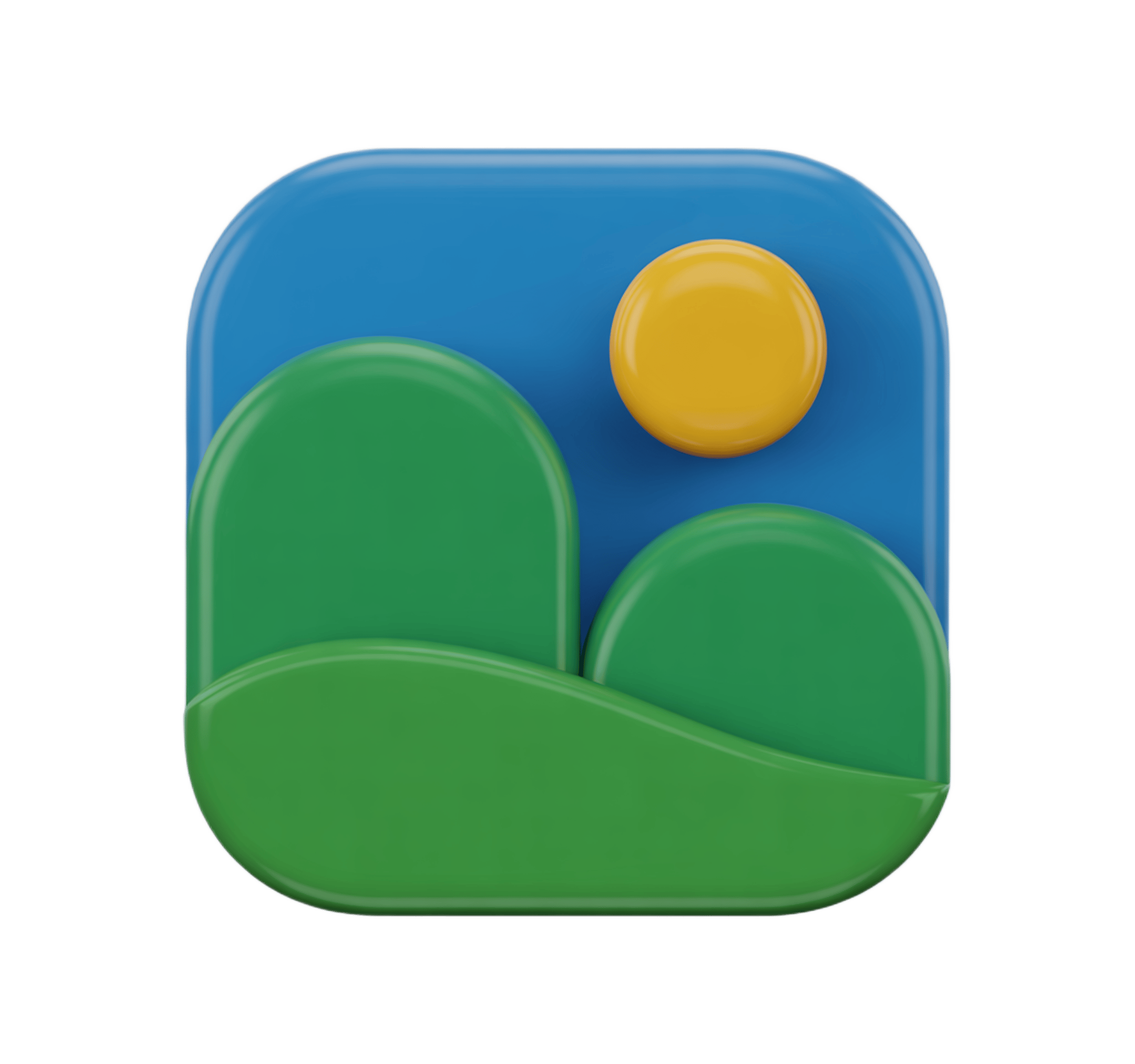 Bright 3d clipart icon of green hills and blue sky with yellow sun for app design and presentations PNG - transparent background