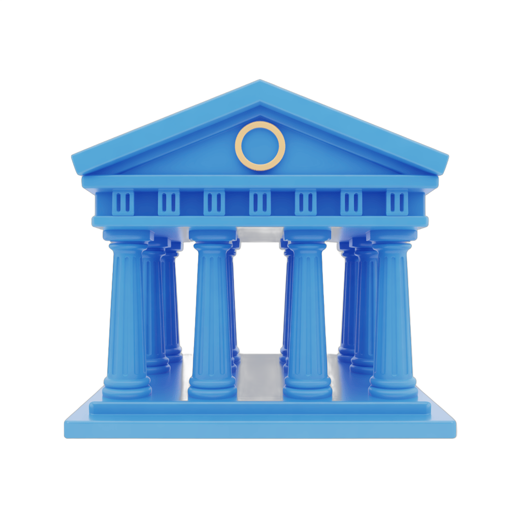 Bright blue 3d neoclassical temple building illustration with columns for corporate presentations and branding PNG - transparent background