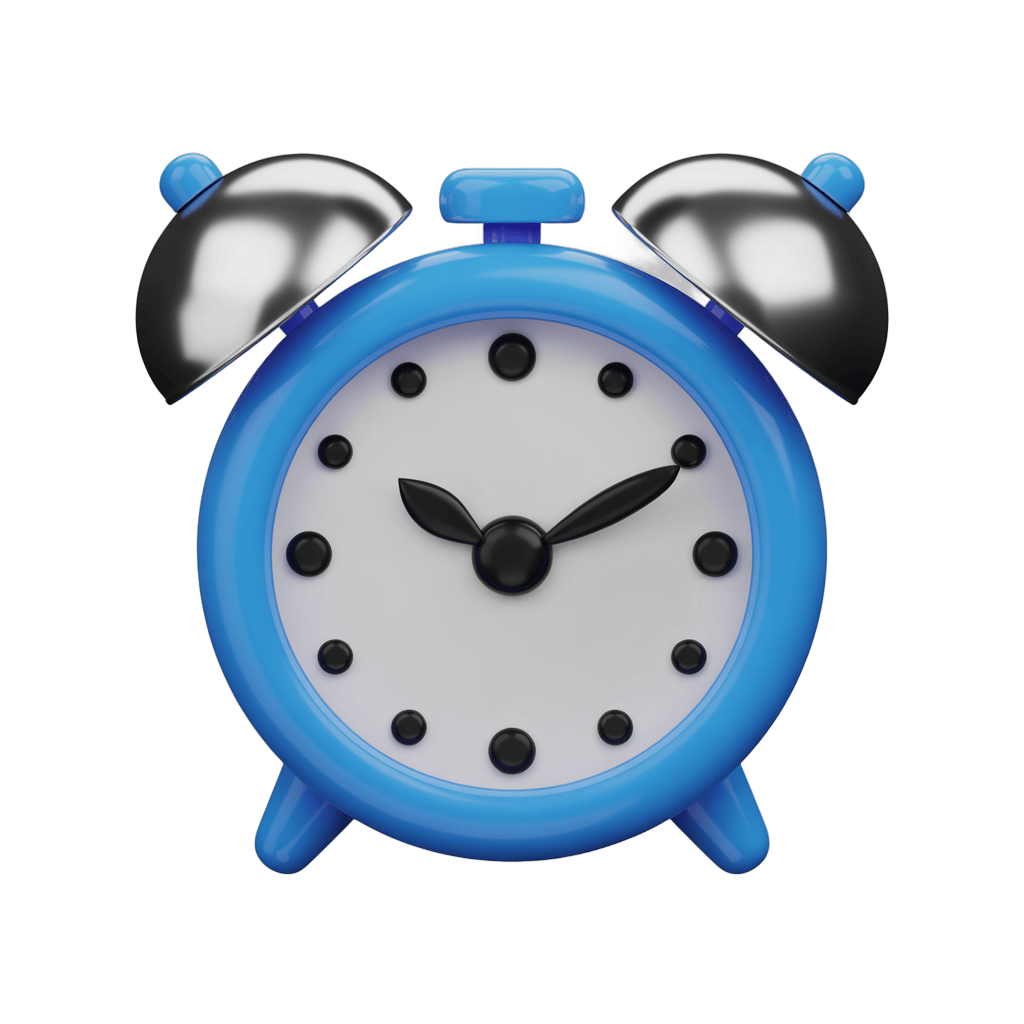 Bright blue alarm clock with black hands and bells isolated on transparent background for digital design PNG - transparent background