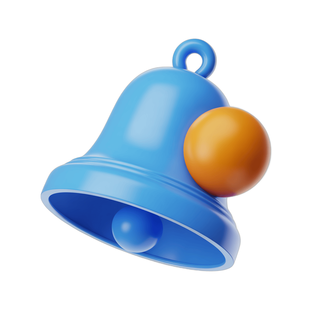 Bright blue notification bell with orange clapper isolated graphic element for alerts and alerts icons PNG - transparent background