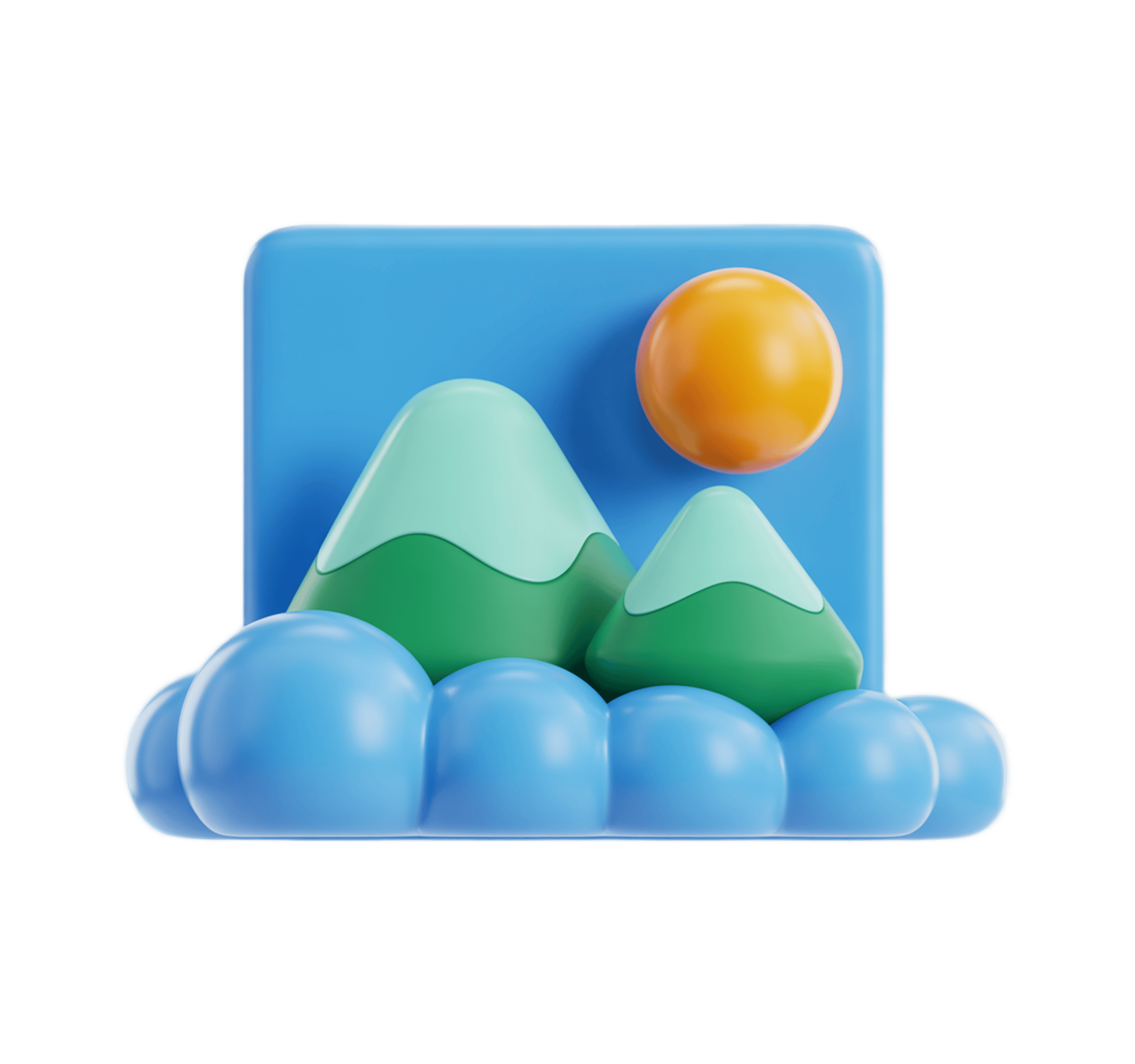 Bright cheerful 3d mountain landscape scene with clouds and sun for presentations and digital designs PNG - transparent background