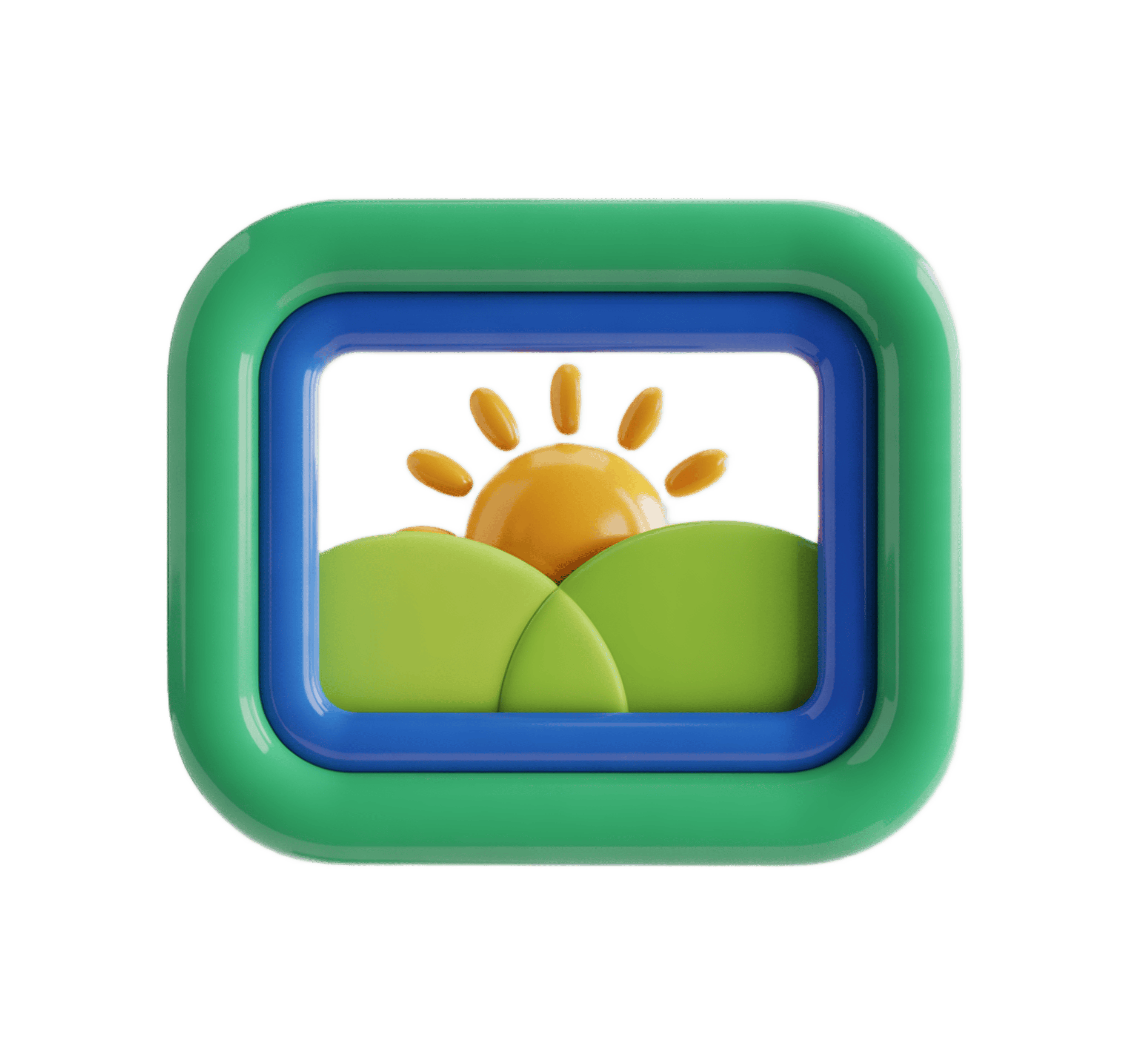 Bright cheerful sunrise over green hills through a colorful picture frame clipart PNG - transparent background