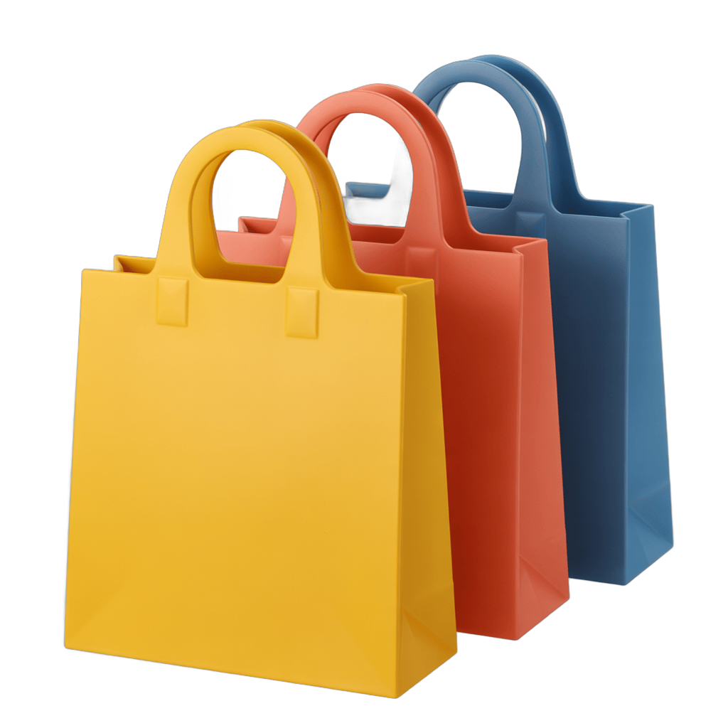 Bright colored shopping bags with handles for retail marketing and ecommerce packaging design PNG - transparent background