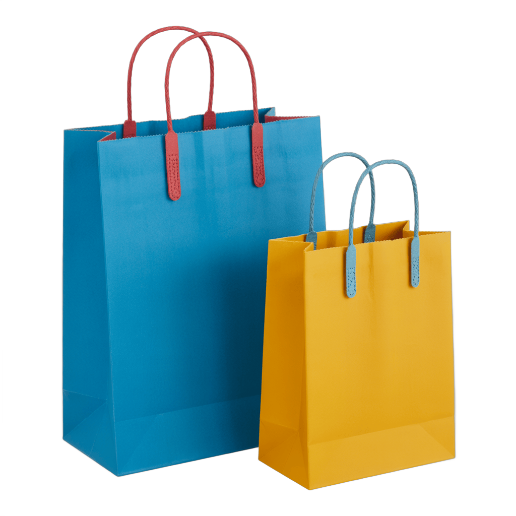 Bright colored shopping bags with handles for retail packaging and branding designs PNG - transparent background