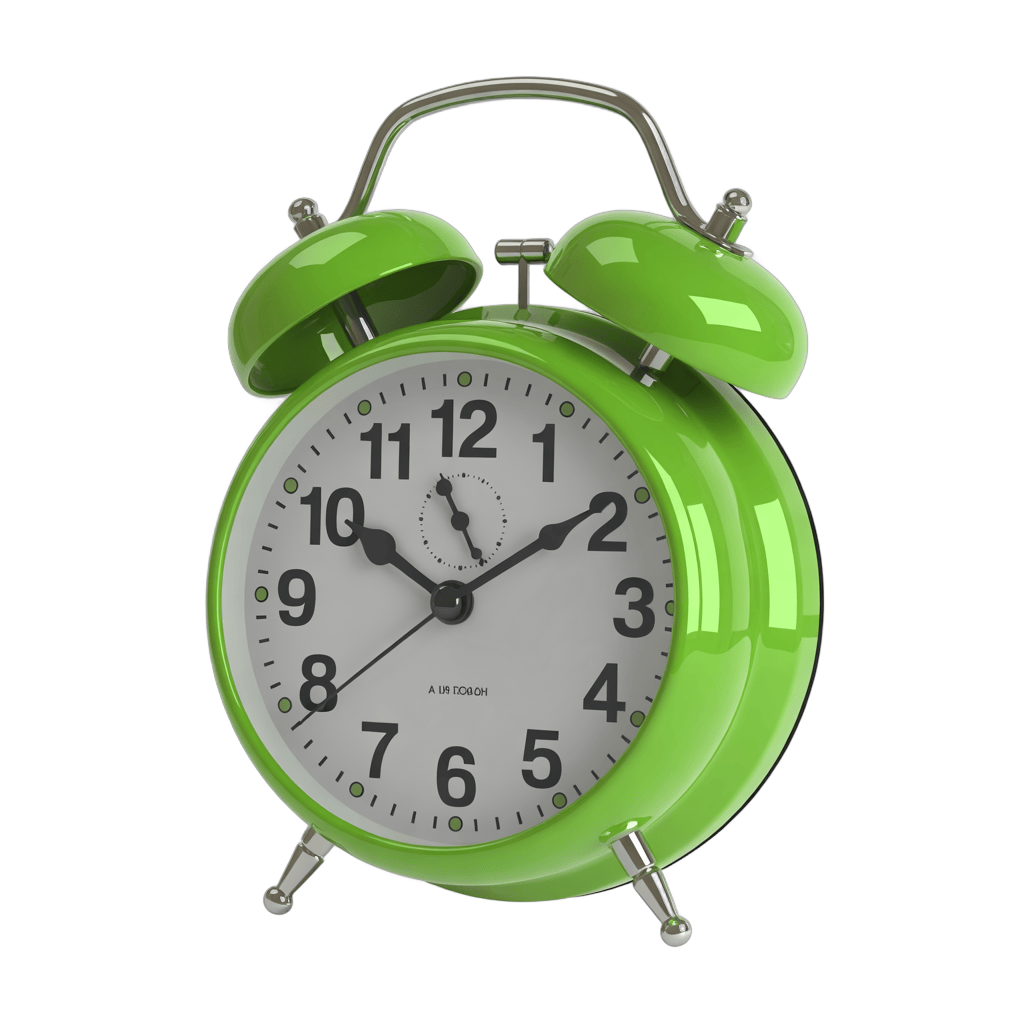 Bright green alarm clock with loud bell for office desk or home use PNG - transparent background