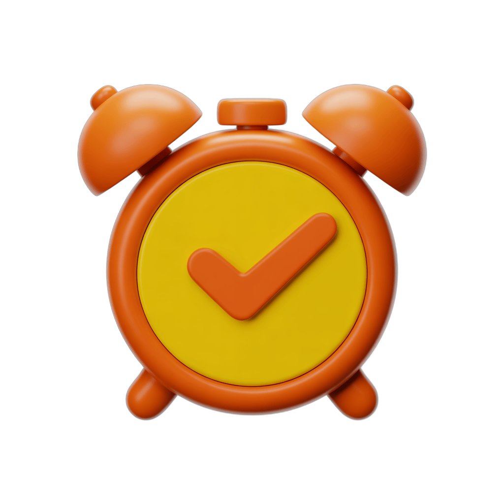Bright orange alarm clock with checkmark symbol for success and productivity timers PNG - transparent background
