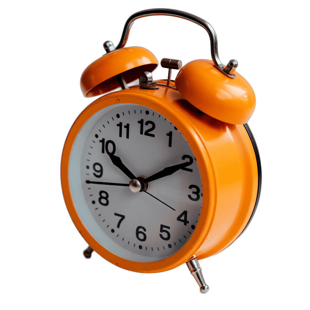 Bright orange alarm clock with loud bell for time management and productivity graphics PNG - transparent background