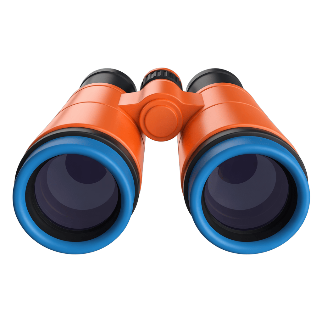 Bright orange and blue binoculars clipart for outdoor adventure and travel marketing graphics PNG - transparent background