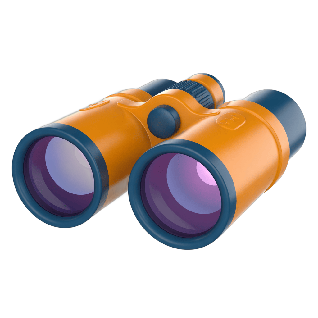 Bright orange binoculars with purple lenses for outdoor adventure and nature exploration PNG - transparent background
