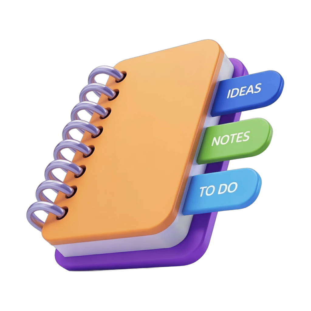 Bright orange spiral notebook with ideas notes and to do color coded tabs for productivity PNG - transparent background