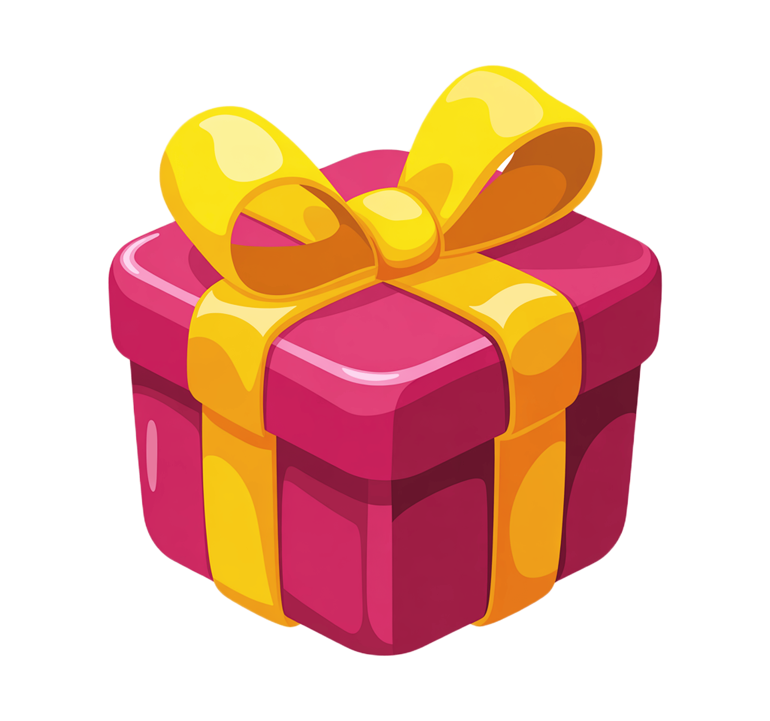 Bright pink gift box with yellow ribbon for holiday celebration and birthday presents PNG - transparent background