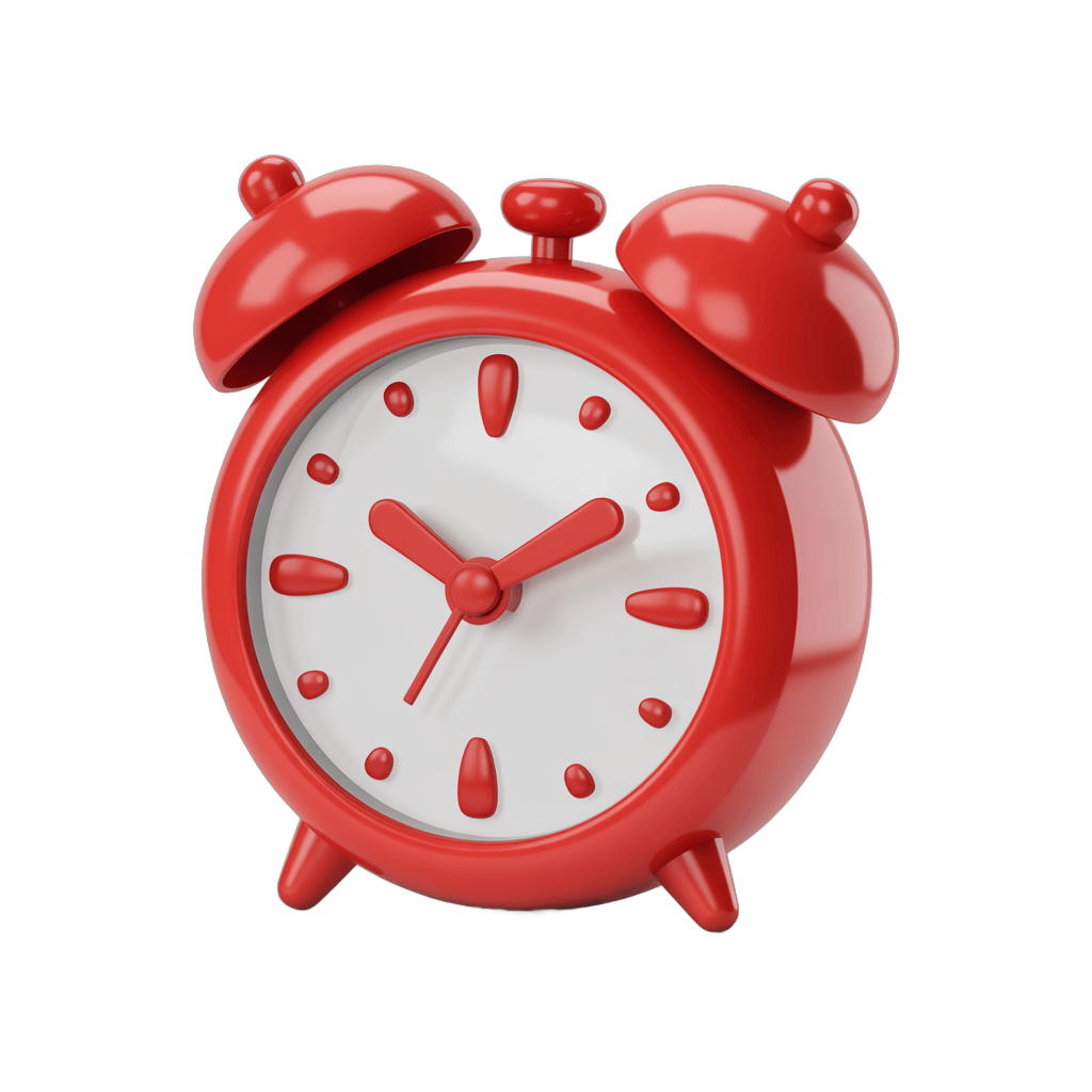 Bright red alarm clock illustration for time management and productivity graphics PNG - transparent background