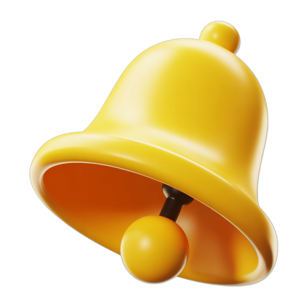 Bright yellow 3d bell notification icon isolated on transparent background for alerts and alerts systems PNG - transparent background