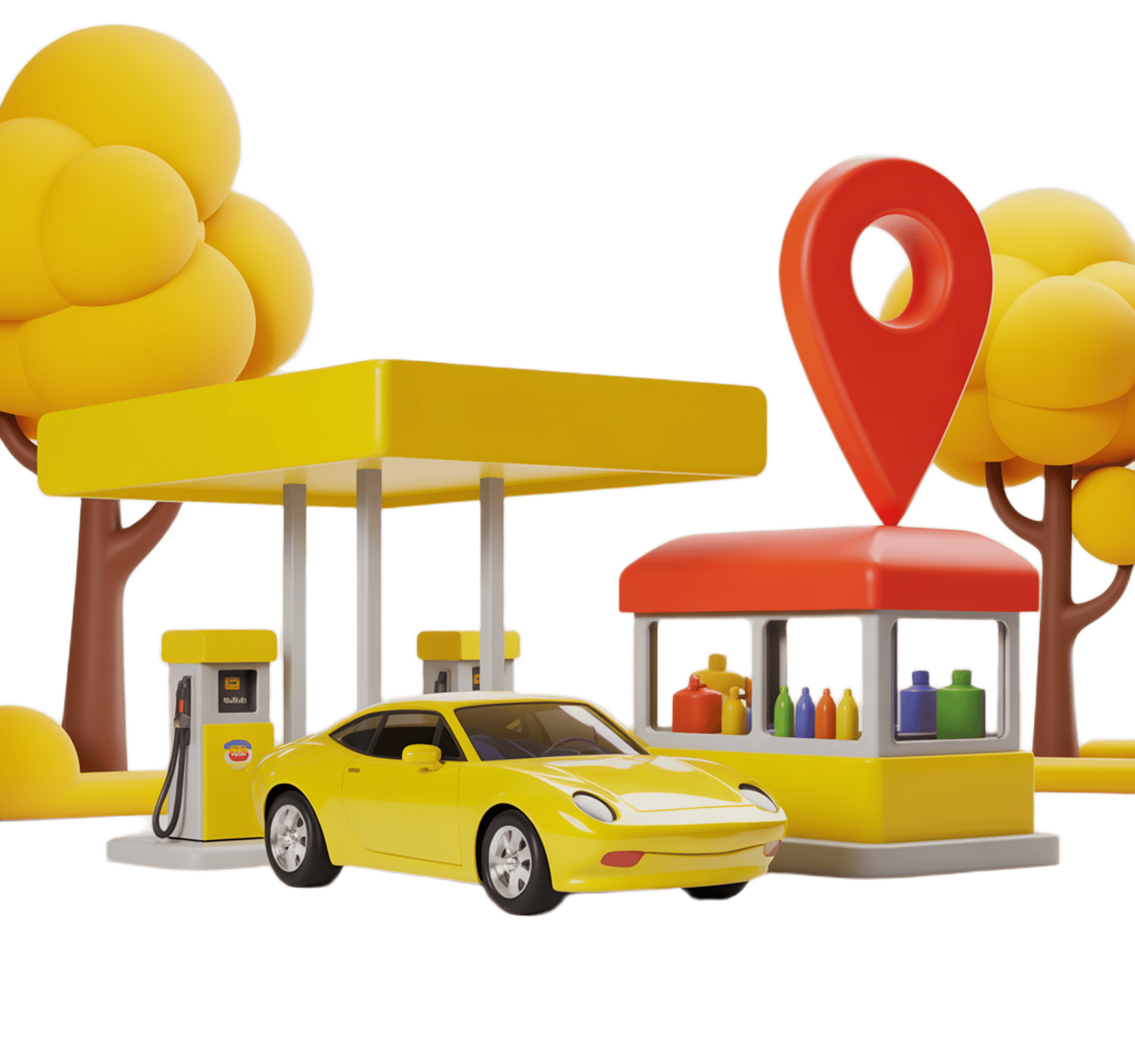 Bright yellow 3d gas station with car refueling and convenience store for travel and road trip illustrations PNG - transparent background