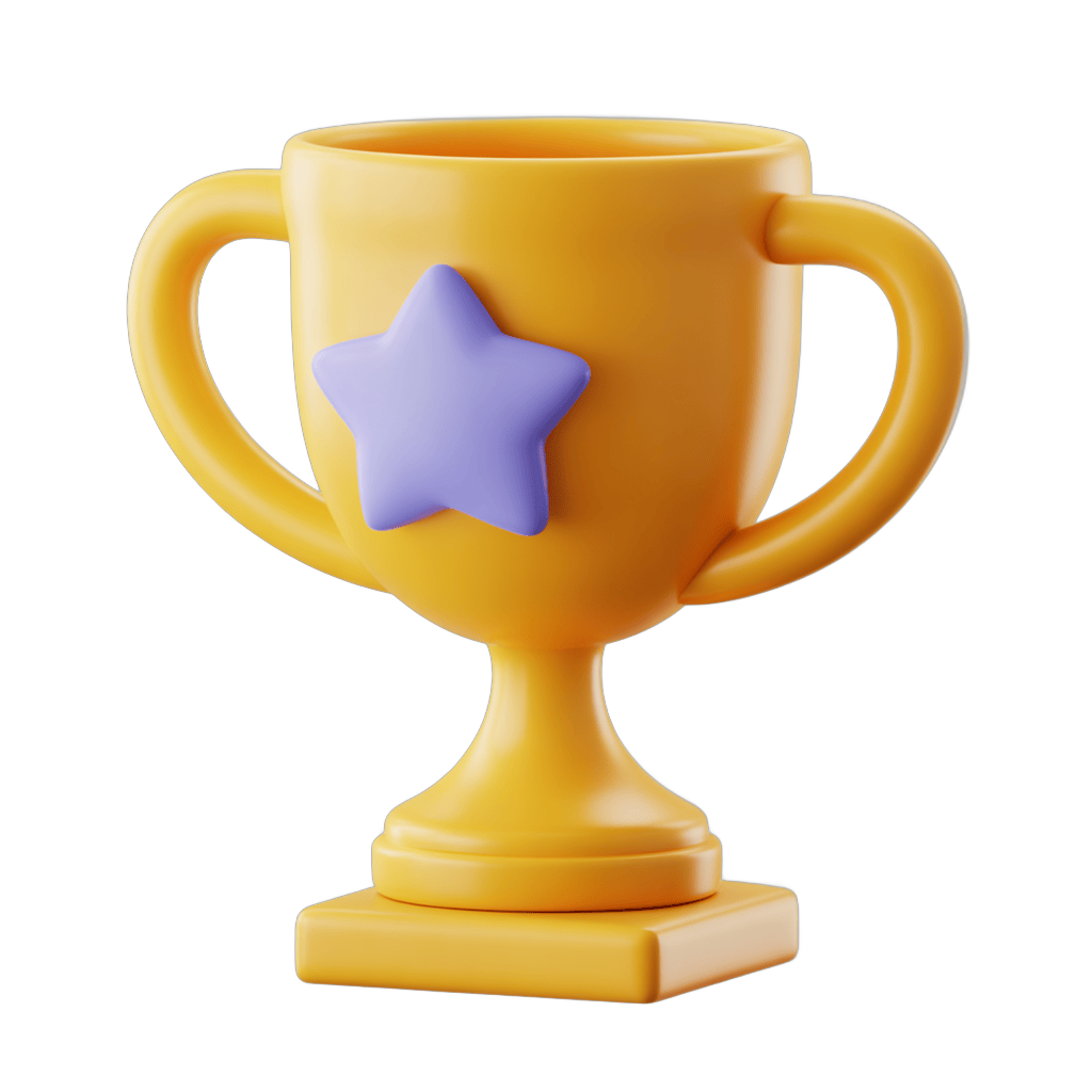 Bright yellow 3d trophy cup with purple star graphic element for awards ceremonies and achievement badges PNG - transparent background