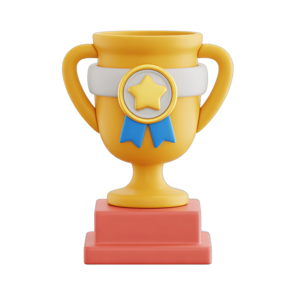 Bright yellow 3d trophy cup with star ribbon for achievement awards and success celebrations PNG - transparent background