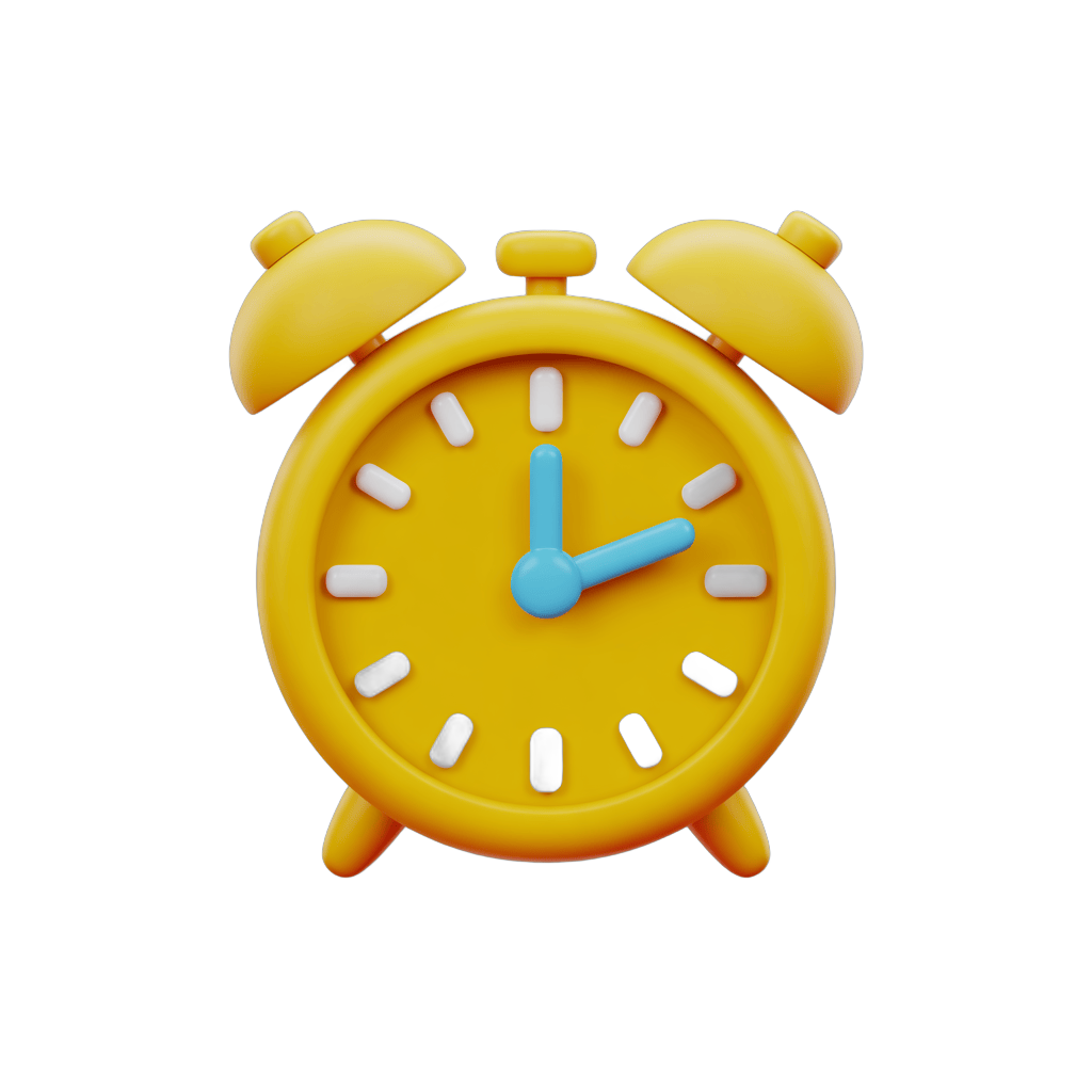Bright yellow alarm clock illustration with blue hands for time management and productivity graphics PNG - transparent background