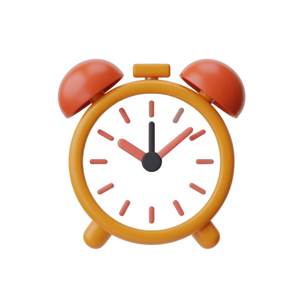 Bright yellow alarm clock with red buttons showing time for productivity and time management designs PNG - transparent background
