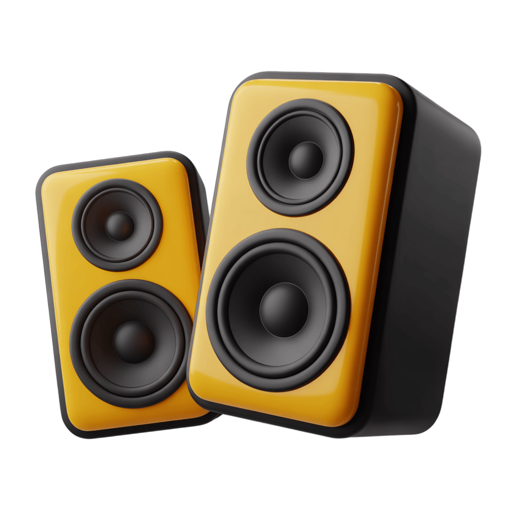 Bright yellow and black studio speakers for music production and home audio setup PNG - transparent background