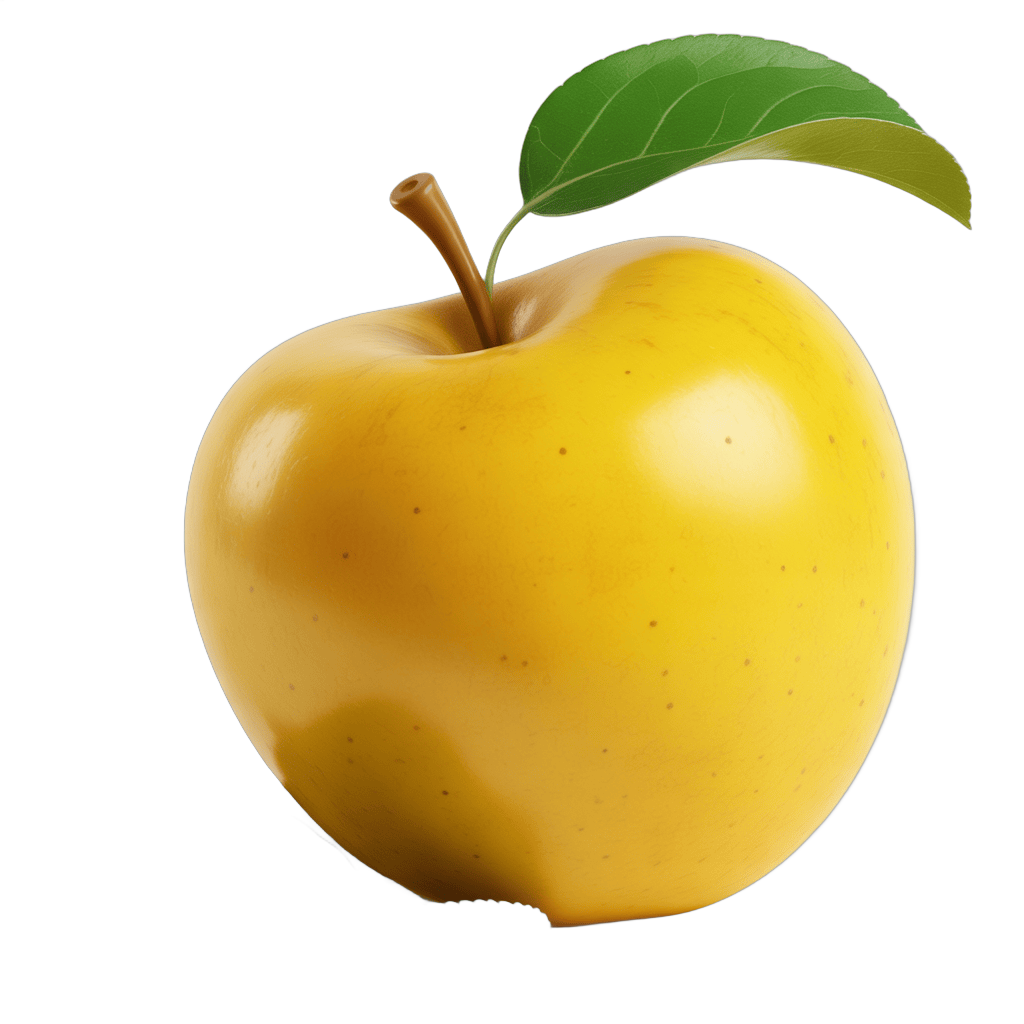 Bright yellow apple with green leaf isolated on transparent background for food graphics and illustrations PNG - transparent background