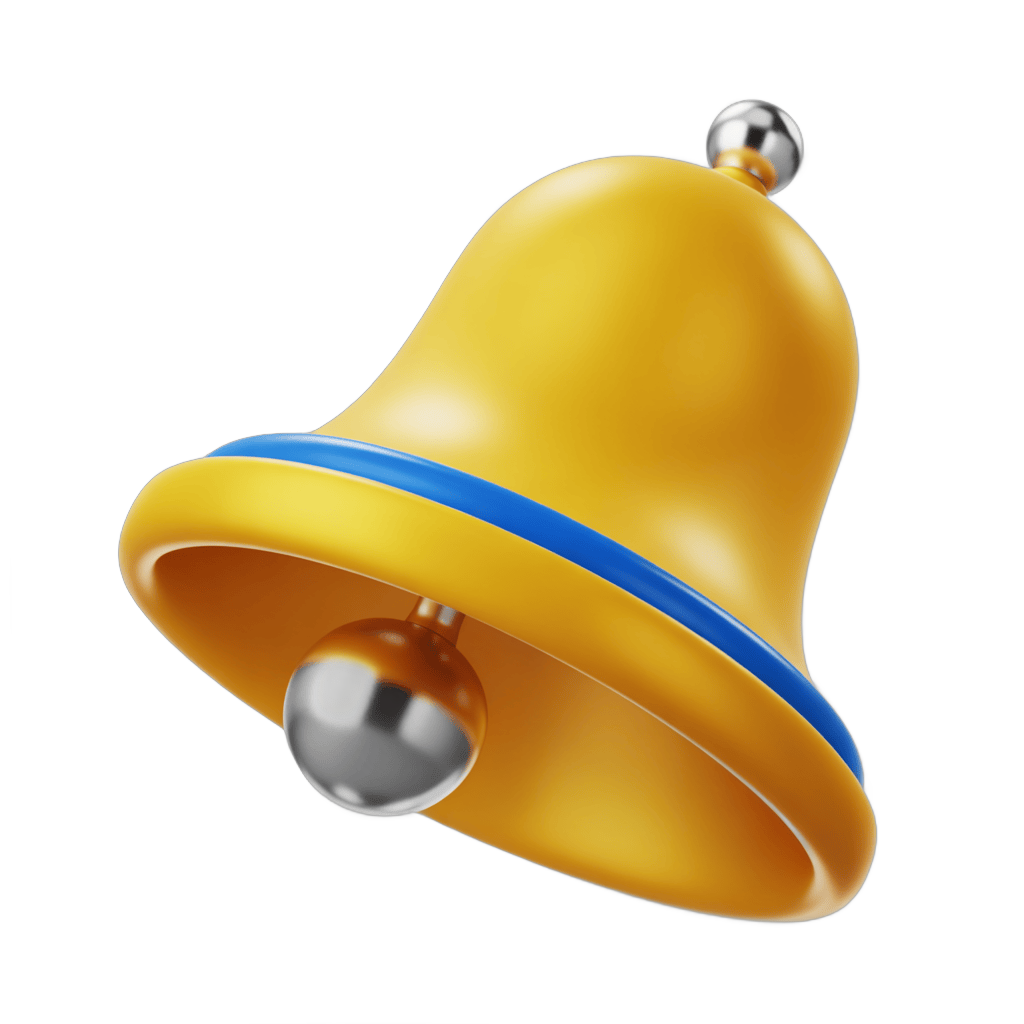 Bright yellow bell with blue stripe and silver clapper for notifications alerts and alerts icons PNG - transparent background