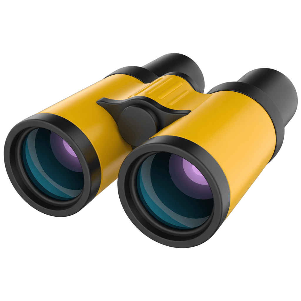 Bright yellow binoculars for outdoor adventure hiking and nature exploration PNG - transparent background