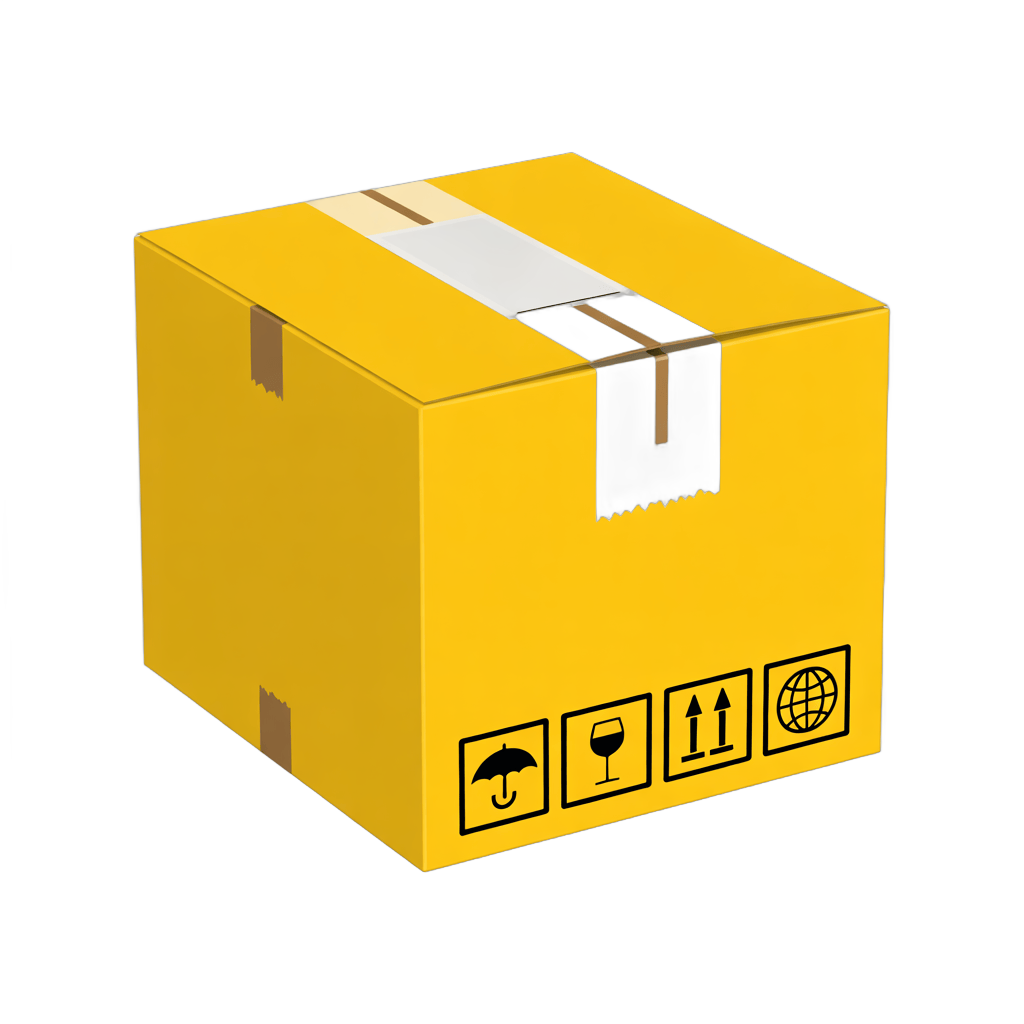 Bright yellow delivery box with fragile wine bottle and global shipping icons for ecommerce packaging design PNG - transparent background