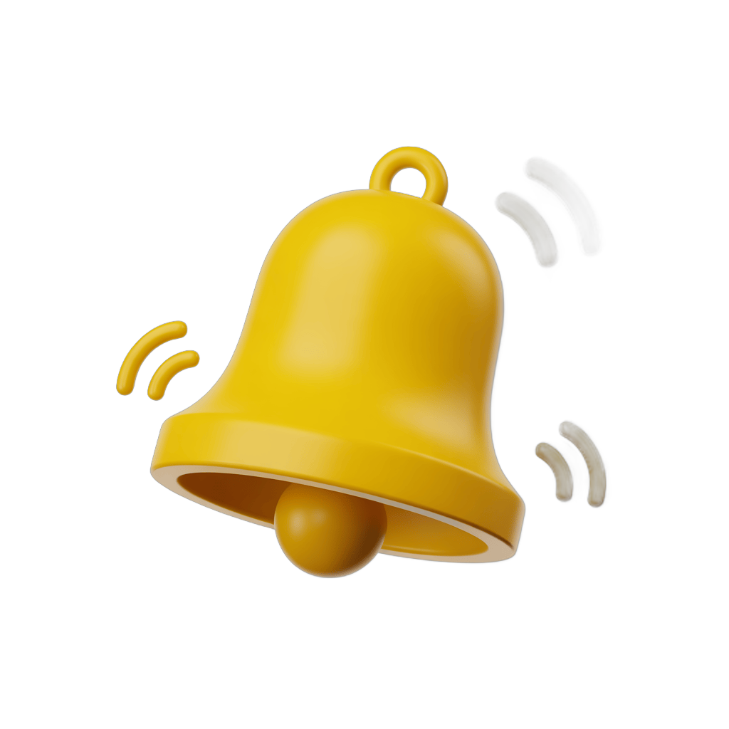 Bright yellow notification bell ringing with sound waves isolated on transparent background PNG - transparent background