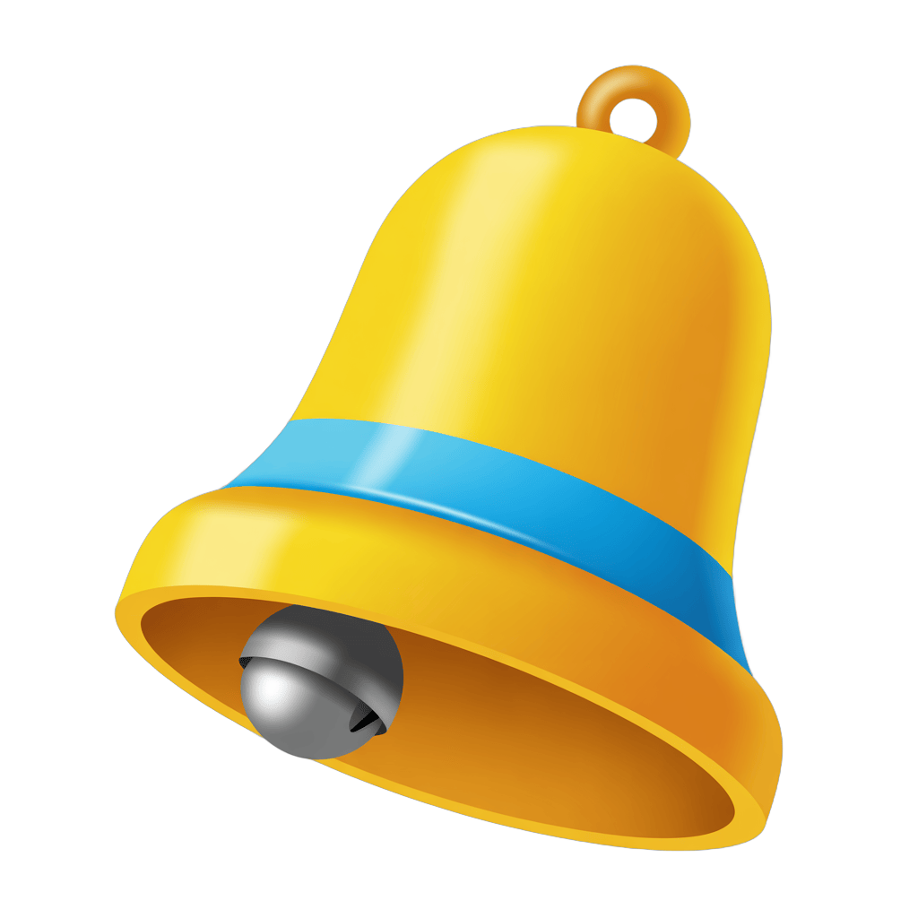 Bright yellow notification bell with blue band for alerts and alerts icons in digital designs PNG - transparent background