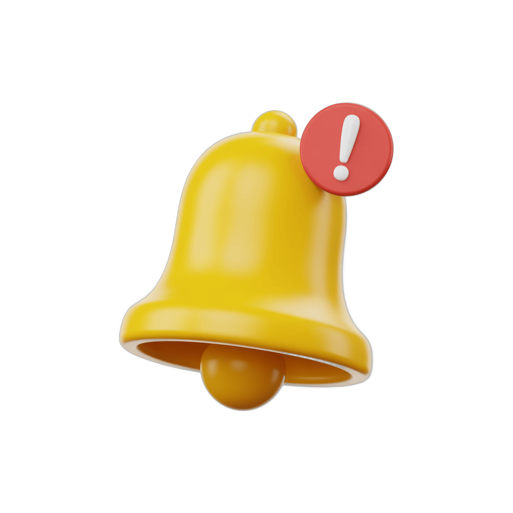 Bright yellow notification bell with exclamation mark for alerts and warnings in presentations and designs PNG - transparent background