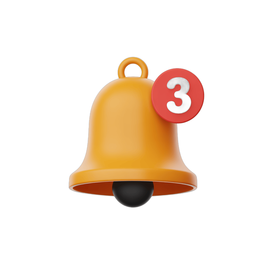 Bright yellow notification bell with number three badge for alerts and updates PNG - transparent background