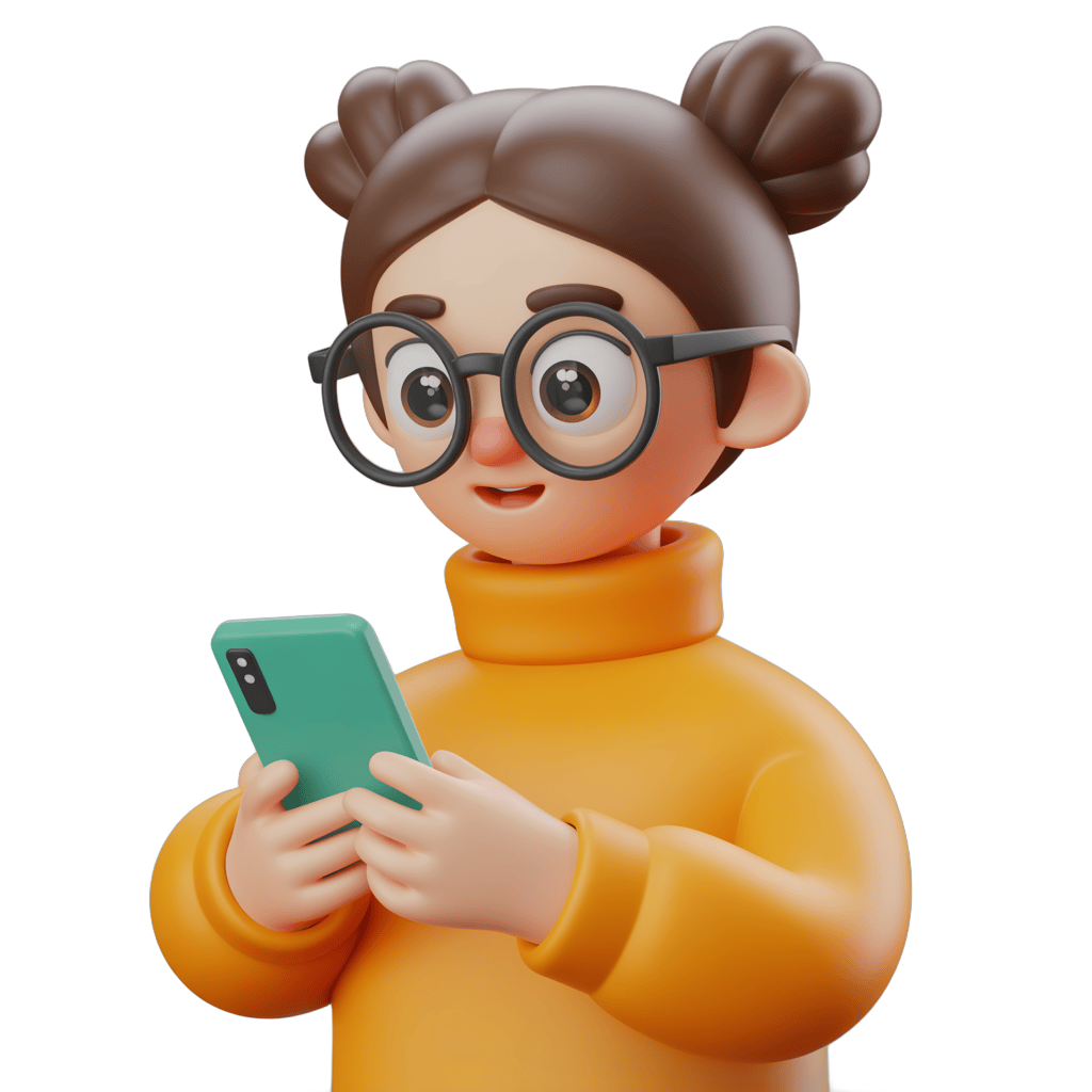 Cartoon girl with glasses using smartphone for social media content creation PNG - transparent background