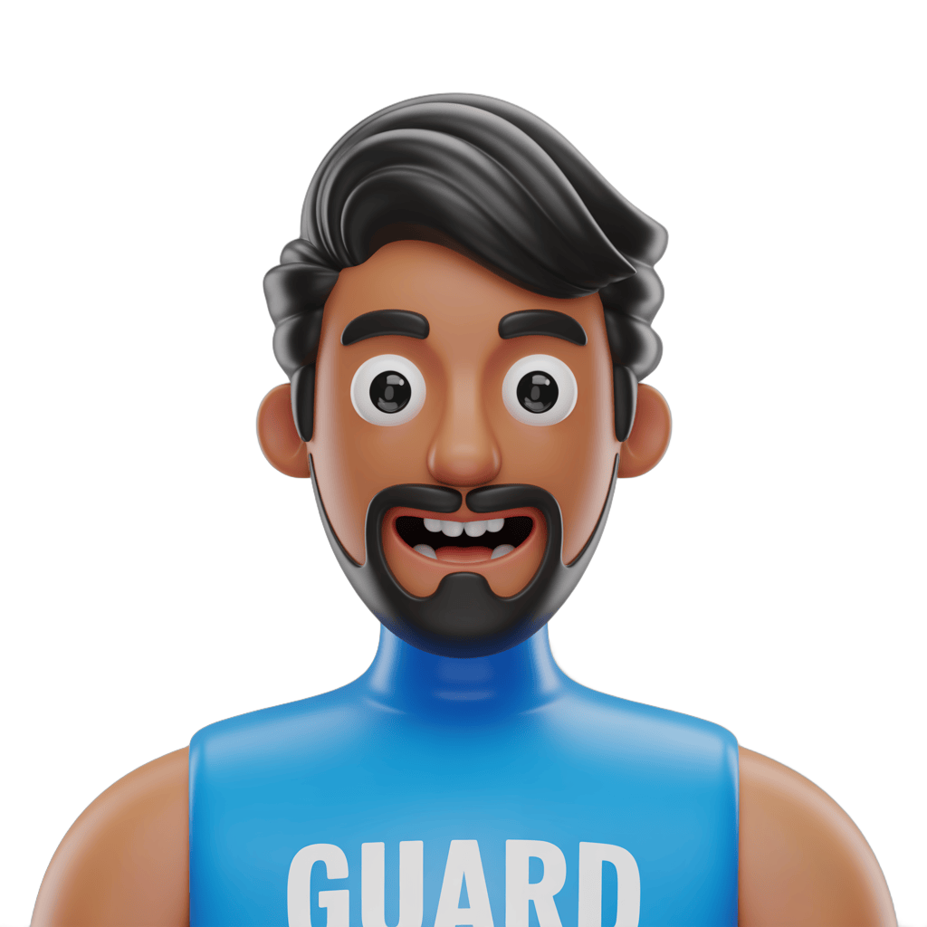 Cartoon lifeguard character with surprised expression wearing guard uniform isolated on transparent background PNG - transparent background