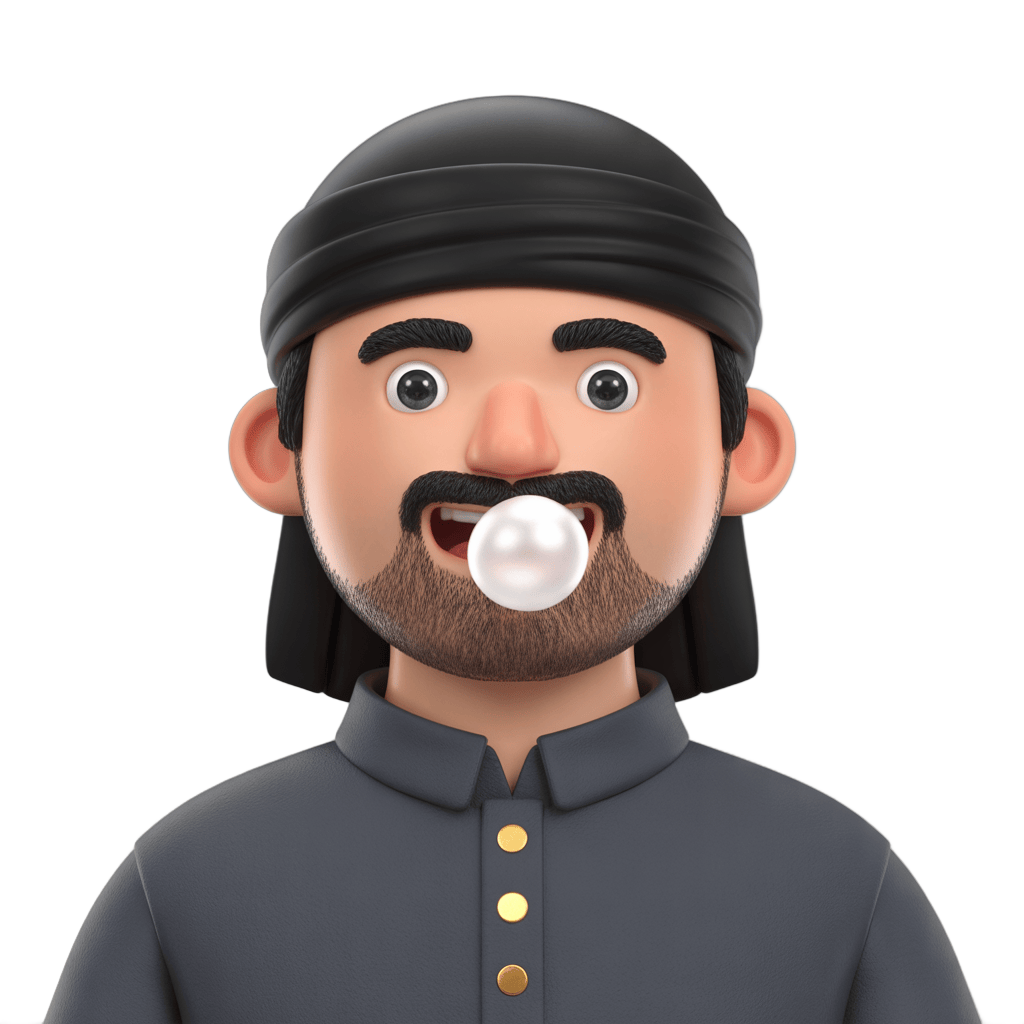 Cartoon man blowing bubble gum in casual work outfit for presentations and social media graphics PNG - transparent background