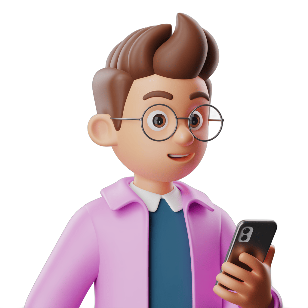 Cartoon man in glasses using smartphone with pink shirt and blue tie for presentations and apps PNG - transparent background